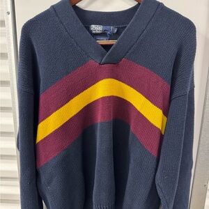 Vintage Polo Ralph Lauren Mens Cotton V-Neck Sweater Striped Mens Large 90s Boxy